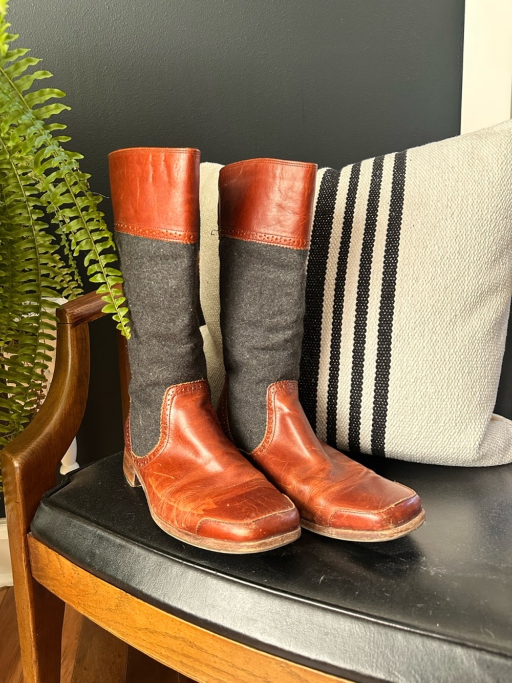 Wolverine Tall, Two-Tone, Brown Leather, and Grey Wool Riding Boots, Women’s 9 - Picture 4 of 14